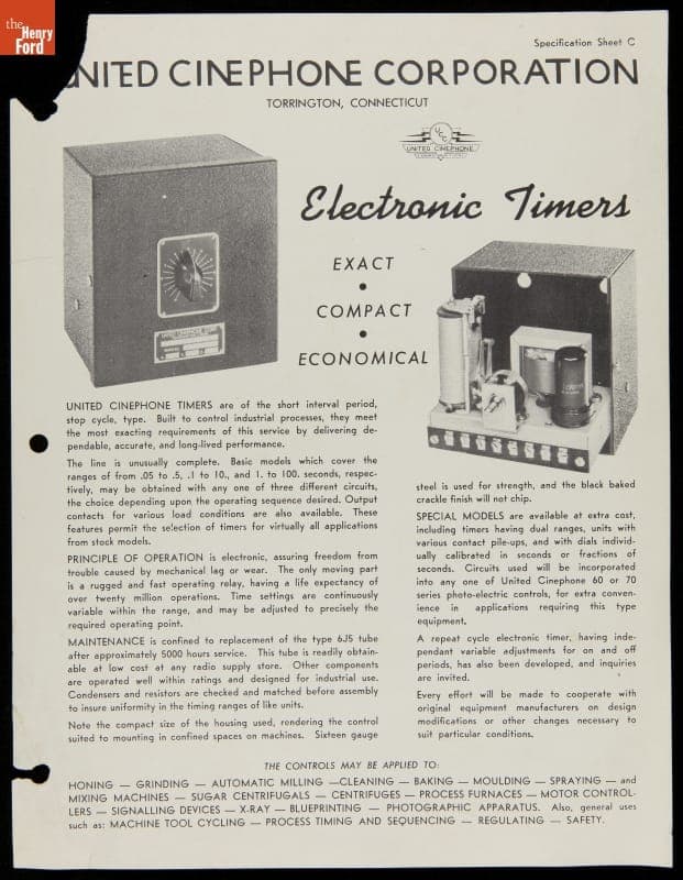 Electronic Timers, Specification Sheet C, circa 1940