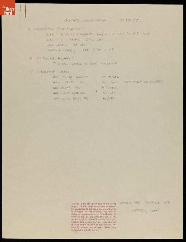 Unimate Specifications, 1959