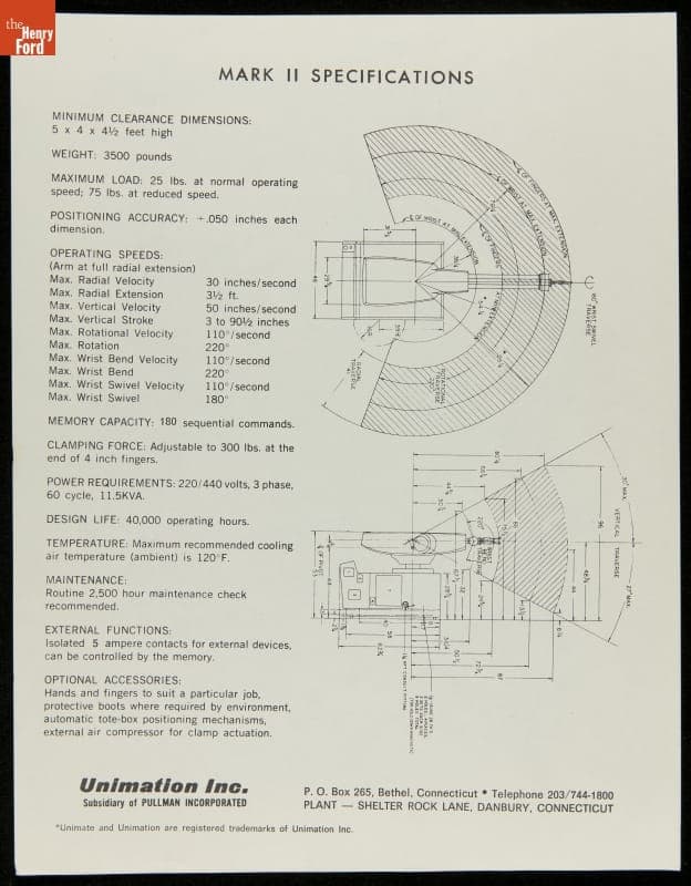 Unimate Mark II Specifications, 1962-1968