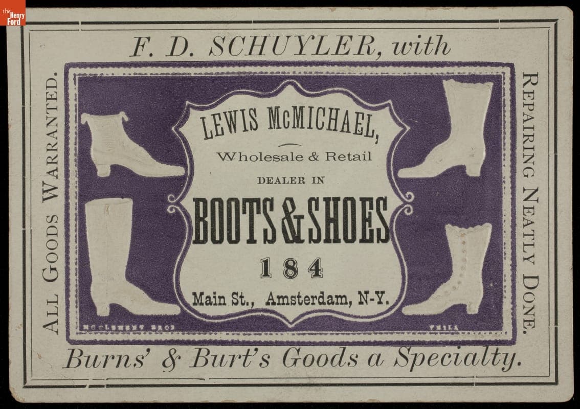 Trade Card for Boots & Shoes, F. D. Schuyler, 1870-1900