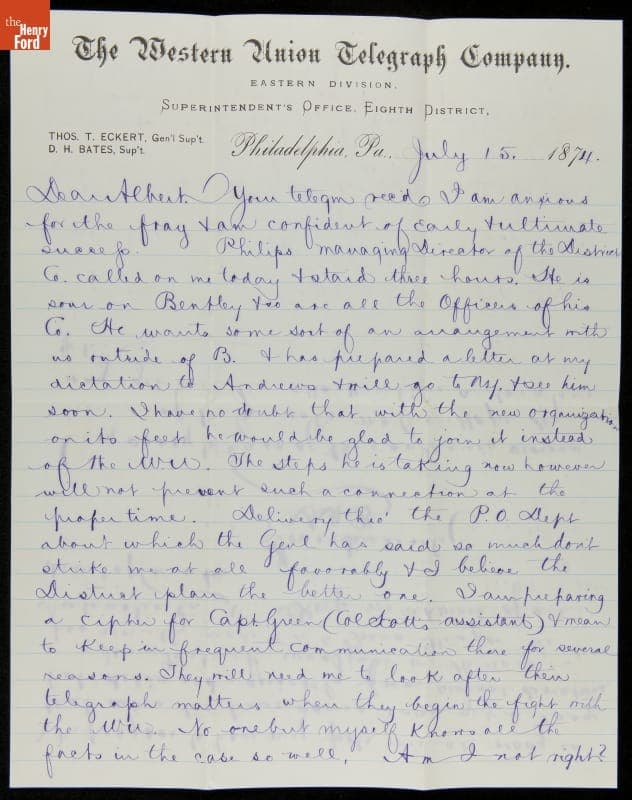 Letter from David H. Bates to Albert B. Chandler, 1874