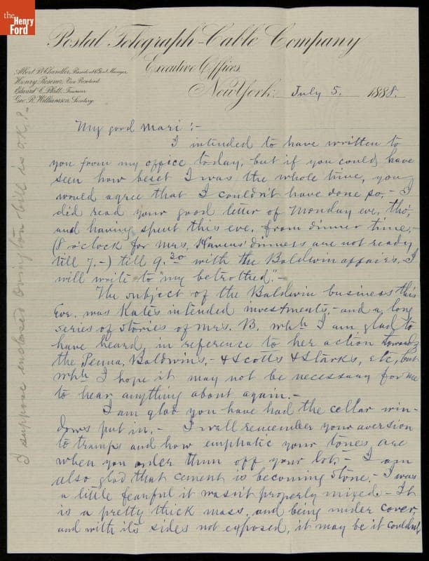 Letter from Albert B. Chandler to His Wife, Marilla, 1888