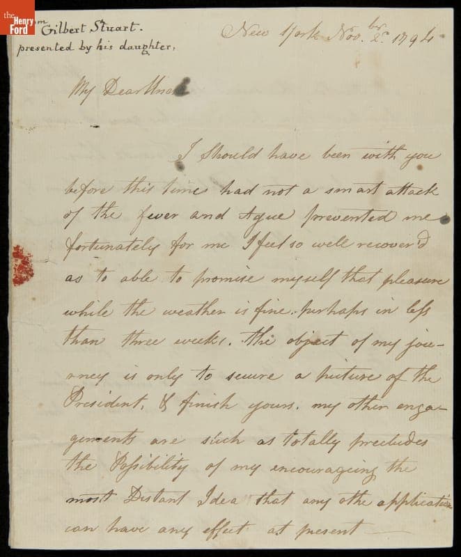 Letter from Gilbert Stuart to Joseph Anthony regarding Stuart's First Portrait of George Washington, November 2, 1794