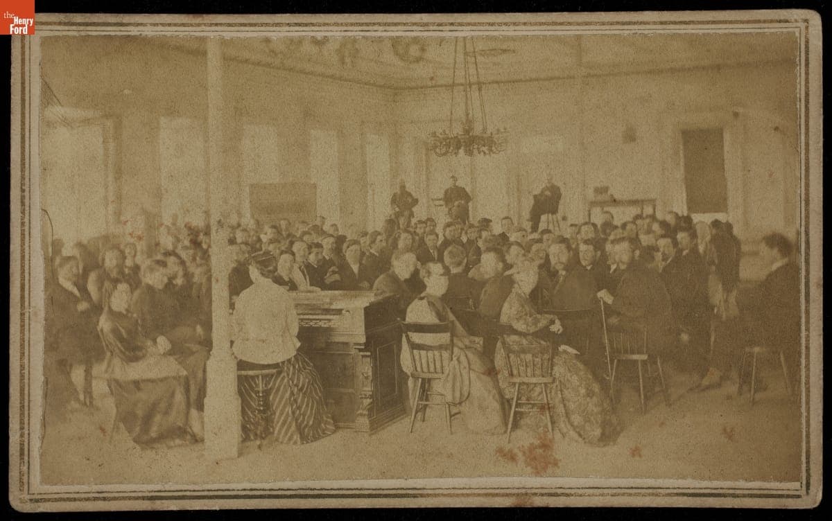 Woman Seated at Organ during Community Event, circa 1865