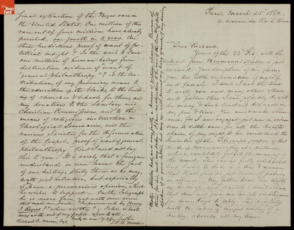 Letter from Samuel F. B. Morse to His Brother, Richard C. Morse, 1867