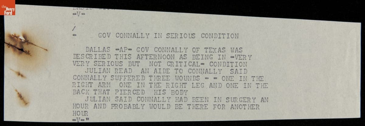 Teletype Message with Wire Service News Coverage of John F. Kennedy Assassination, November 22, 1963