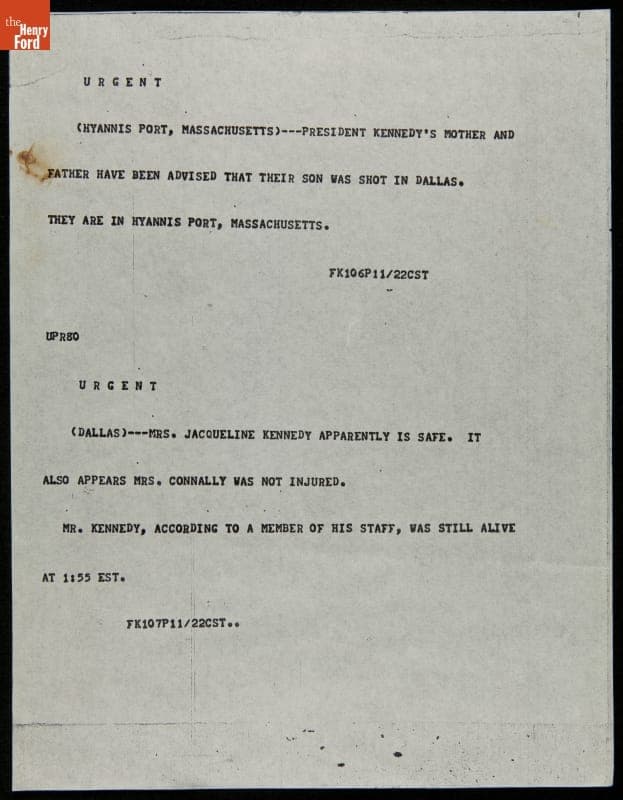 Teletype Message with Wire Service News Coverage of John F. Kennedy Assassination, November 22, 1963