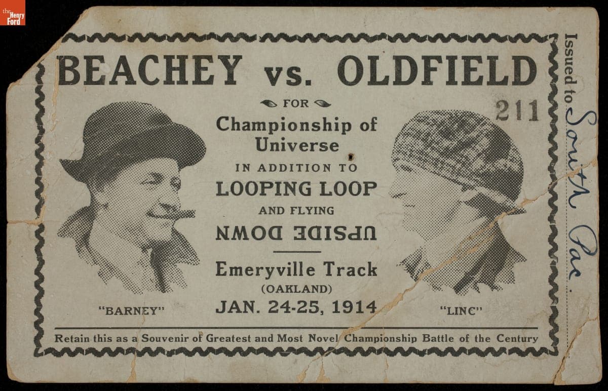 Ticket for the Beachey vs. Oldfield Racing Competition, "Championship of the Universe," Oakland, California, 1914