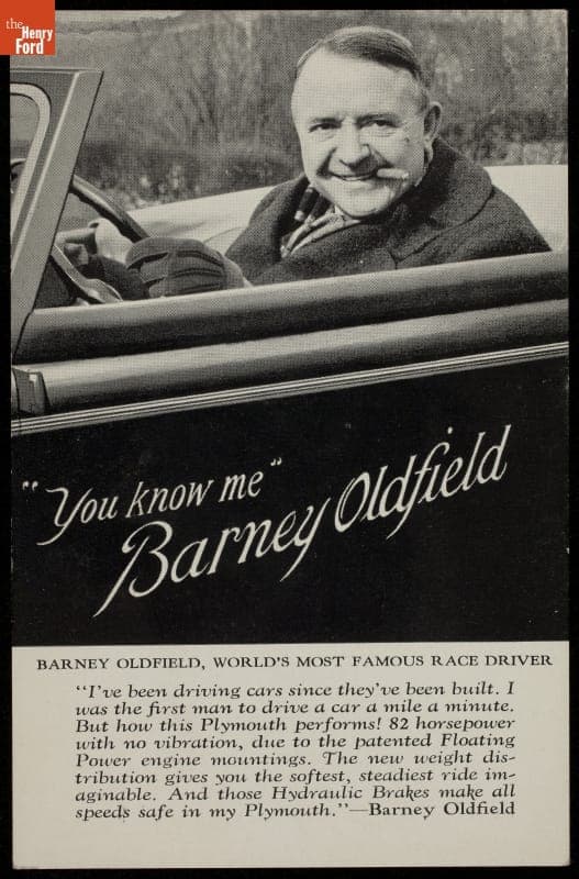 Barney Oldfield Advertising Postcard for Plymouth Automobiles, circa 1935