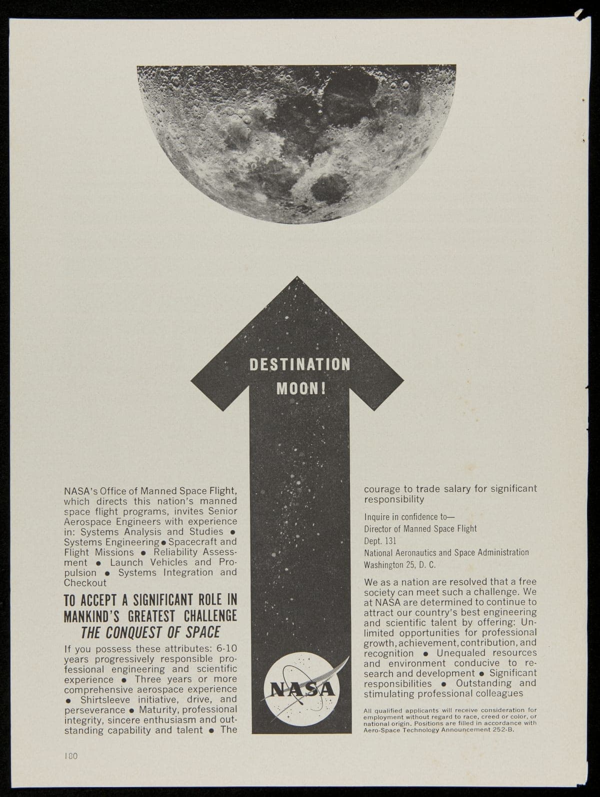 Recruiting Advertisement for NASA, "Destination Moon!," July 1962