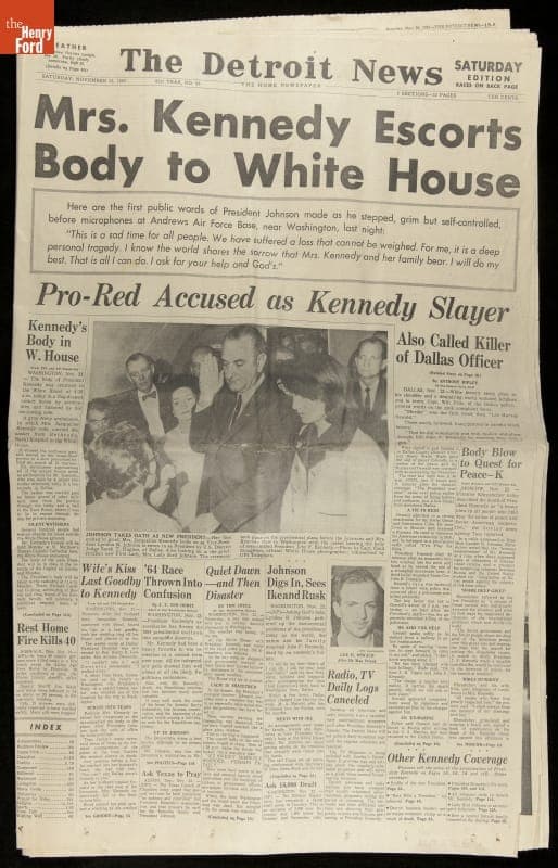 Newspaper, The Detroit News for November 23, 1963, "Mrs. Kennedy Escorts Body to White House"