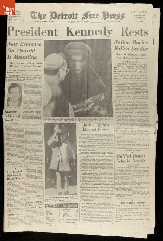 Detroit Free Press Newspaper for November 26, 1963, "President Kennedy Rests"