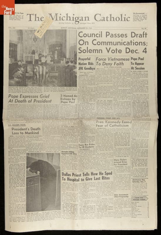 Newspaper, The Michigan Catholic for November 28, 1963, "Pope Expresses Grief at Death of President"
