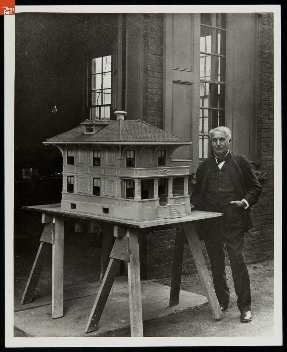 Thomas Edison with a Model of a Concrete House, circa 1911