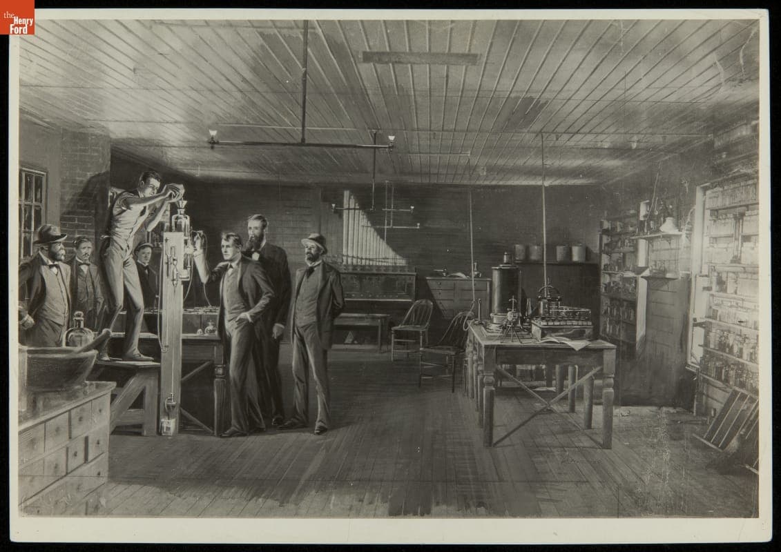 Illustration, Preparing the First Practical Incandescent Lamp for Testing at Edison's Menlo Park Laboratory, October 19, 1879