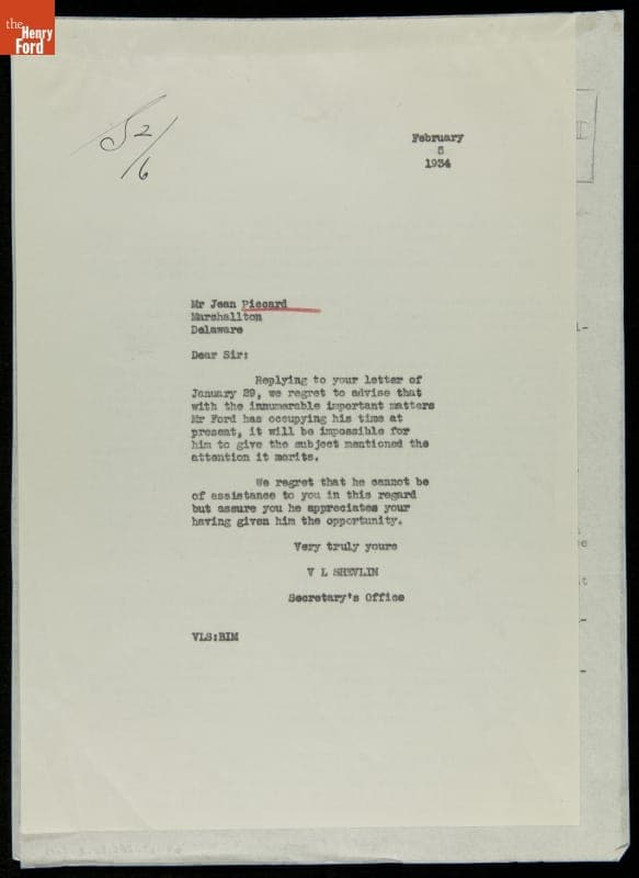 Letter from Henry Ford's Office to Jean Piccard regarding the Proposed Stratosphere Balloon Flight, February 8, 1934