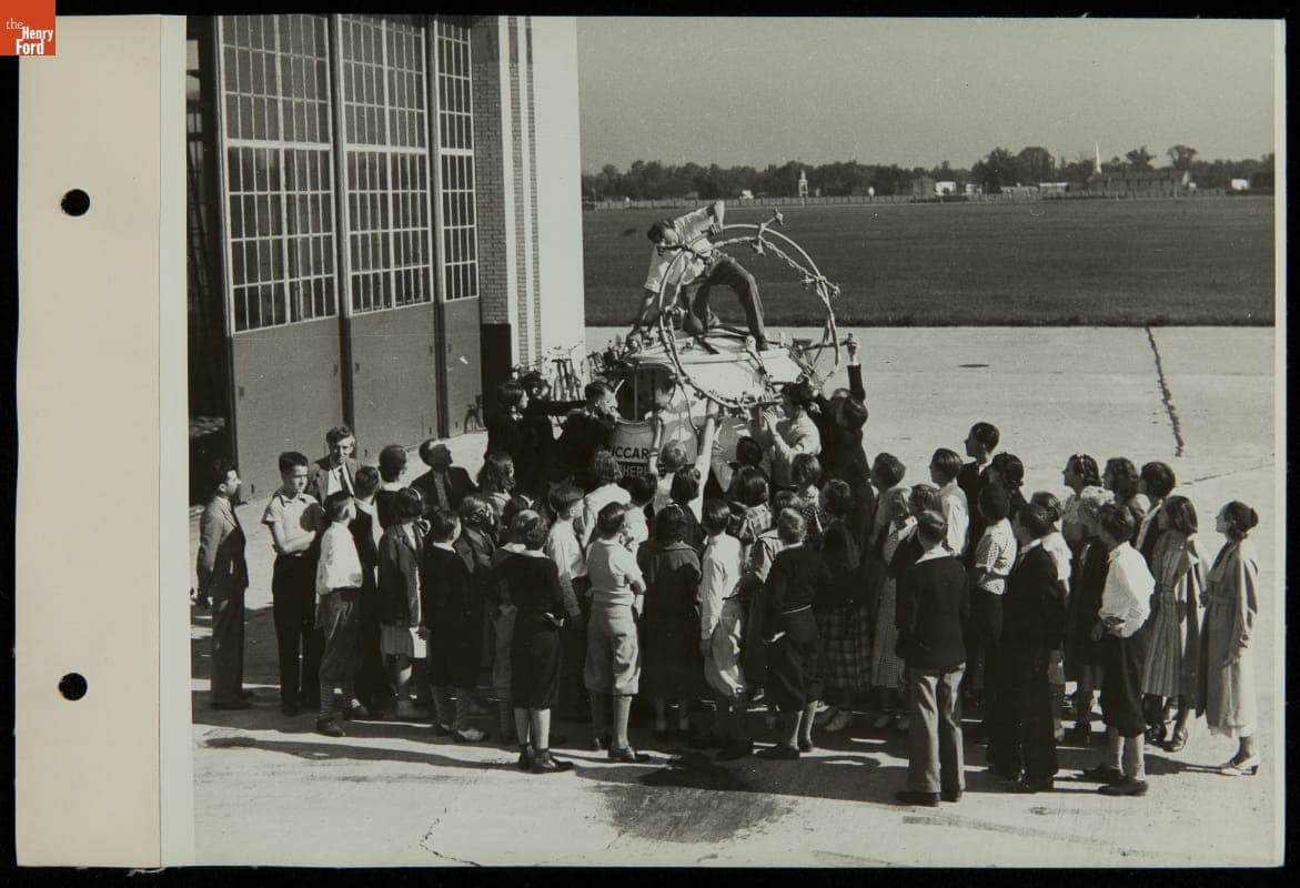 Group from Edison Institute Schools Visit the Piccard Stratosphere Flight Balloon at Ford Airport, September 1934