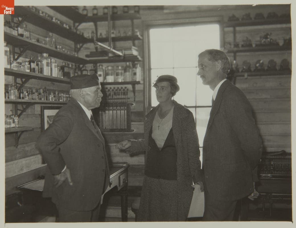 Francis Jehl with Balloonists Jeannette and Jean Piccard at Menlo Park Laboratory, November 1933