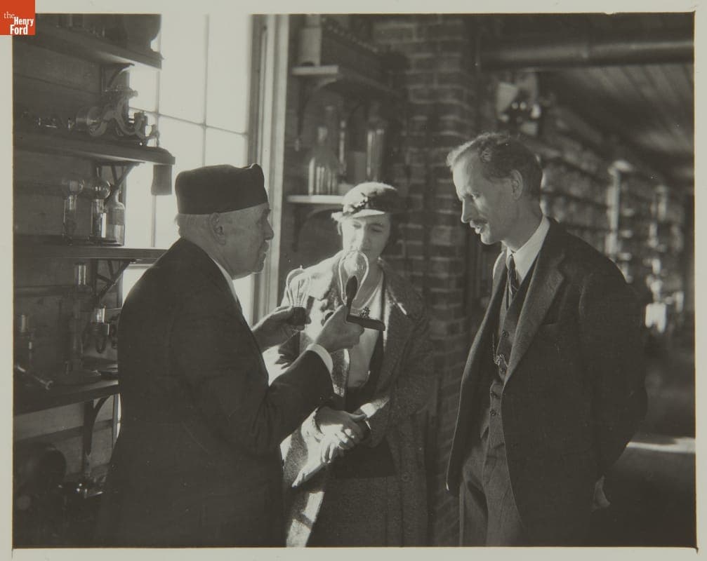 Francis Jehl with Balloonists Jeannette and Jean Piccard at Menlo Park Laboratory, November 1933