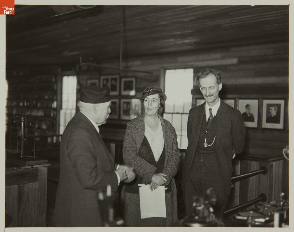 Francis Jehl with Balloonists Jeannette and Jean Piccard at Menlo Park Laboratory, November 1933