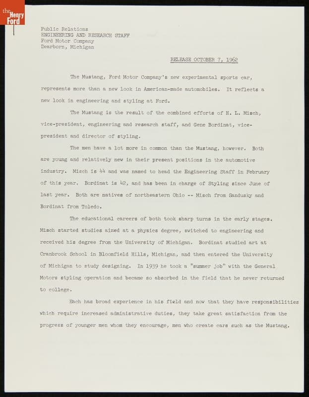 Press Release, "The Mustang, Ford Motor Company's New Experimental Sports Car," October 7, 1962