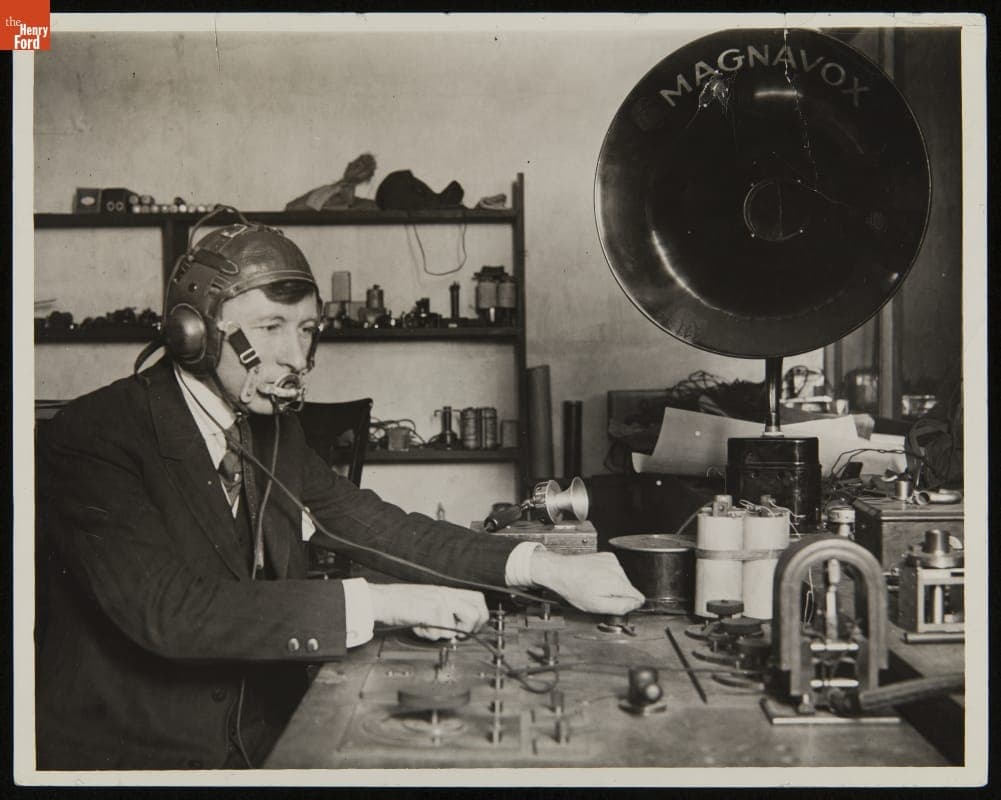 Peter L. Jensen Testing the Magnavox Anti-Noise Transmitter, circa 1920