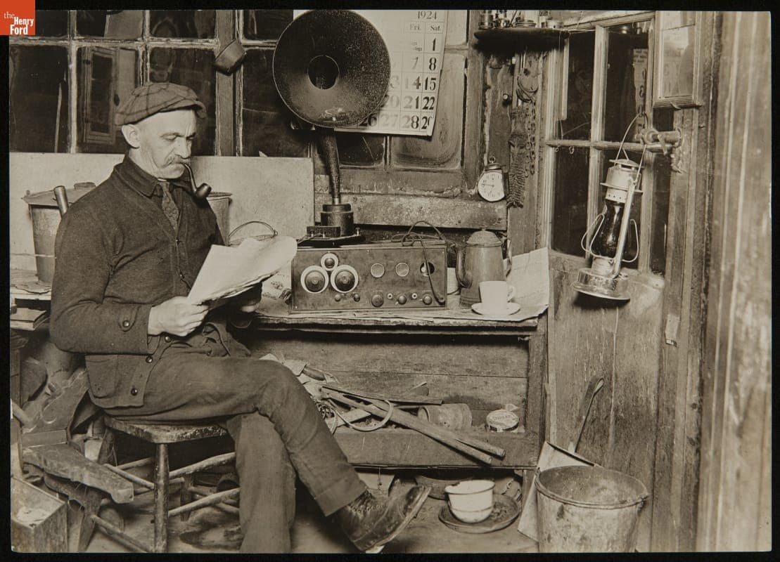 Night Watchman with Magnavox Radio, Pier 11, East River, New York, 1924