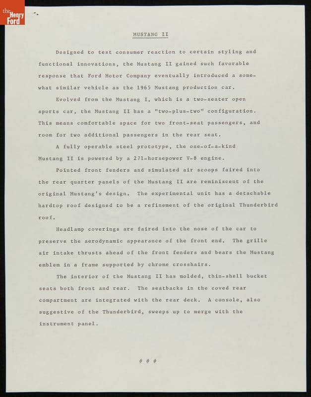 Ford Public Relations Statement Concerning the 1963 Mustang II Concept Car