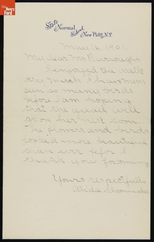 Letter to John Burroughs from Alida Shoommaker, a Student Thanking Him for a Nature Walk, May 16, 1901