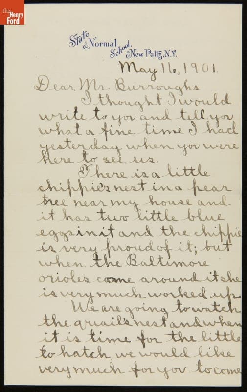 Letter to John Burroughs from Stanley Tracy, a Student Thanking Him for a Nature Walk, May 16, 1901