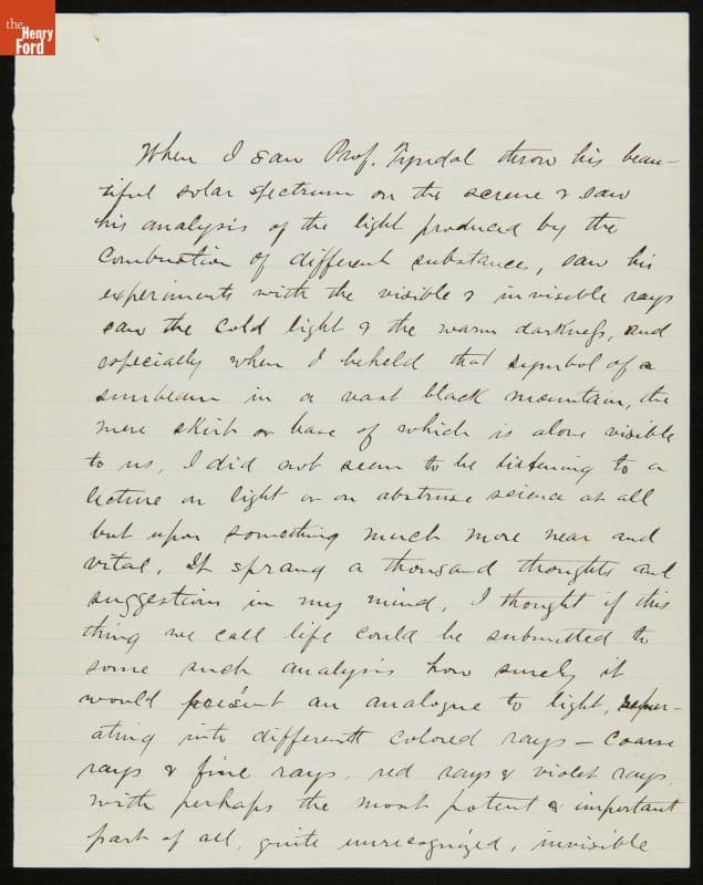 Essay by John Burroughs, "Thoughts Suggested by Hearing Tyndall Lecture on Light," circa 1870