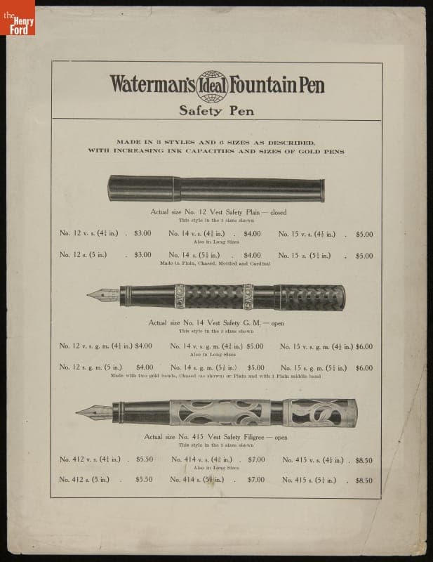 Page from L. E. Waterman Company Catalog Advertising Waterman's Ideal Fountain Pens, circa 1915