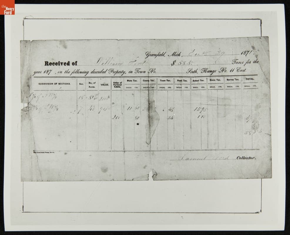 Receipt for Property Taxes Paid by William Ford (Henry Ford's Father) in 1871