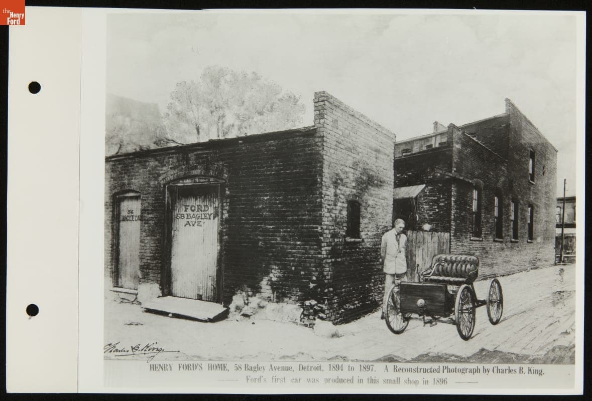 Henry Ford and the 1896 Quadricycle outside 58 Bagley Avenue Workshop in a 1933 Composite Photograph