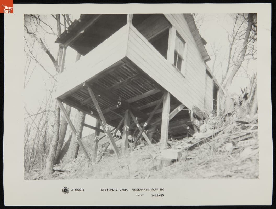 Marking the Supports of Charles Steinmetz Cabin before Dismantling for the Move to Greenfield Village, February 22, 1930