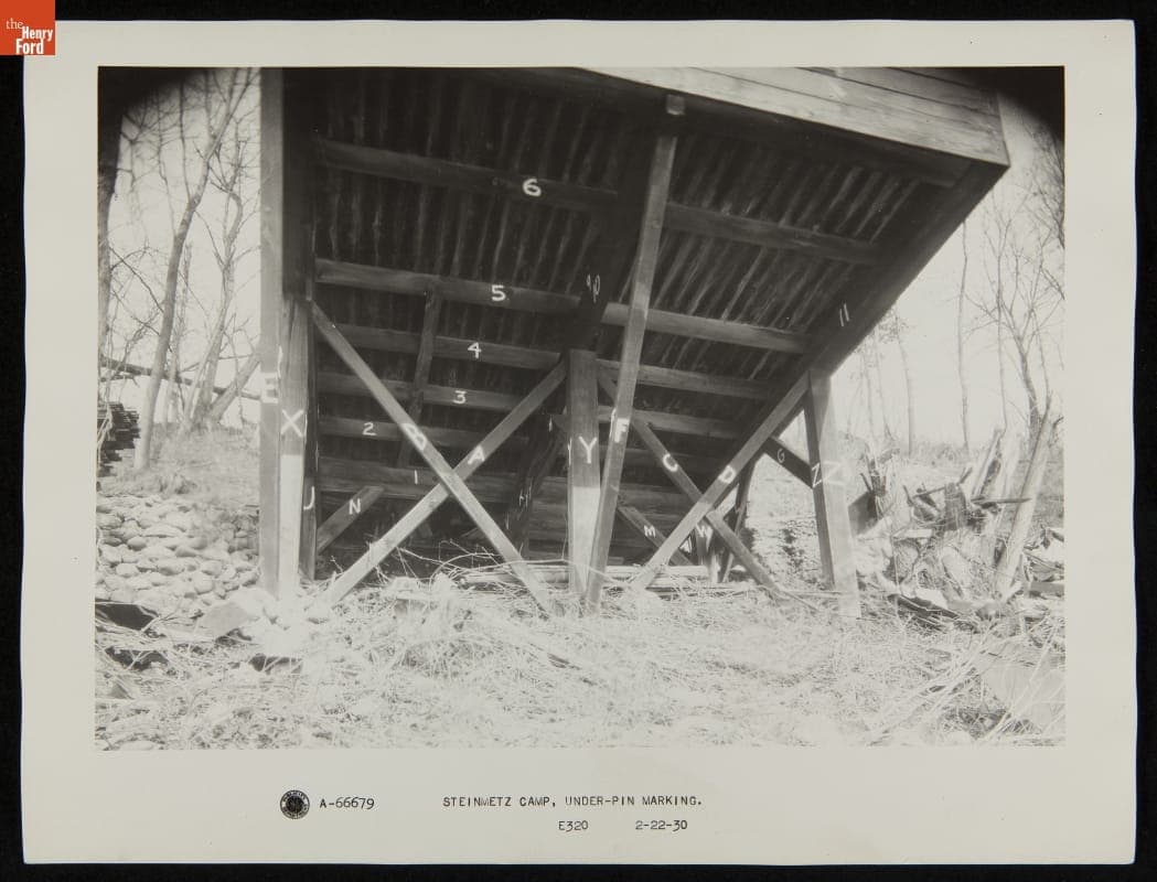 Marking the Supports of Charles Steinmetz Cabin before Dismantling for the Move to Greenfield Village, February 22, 1930