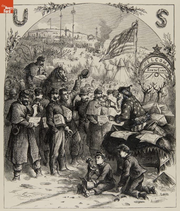 Etching Proof from a Thomas Nast Christmas Drawing, "Santa Claus in Camp," circa 1880