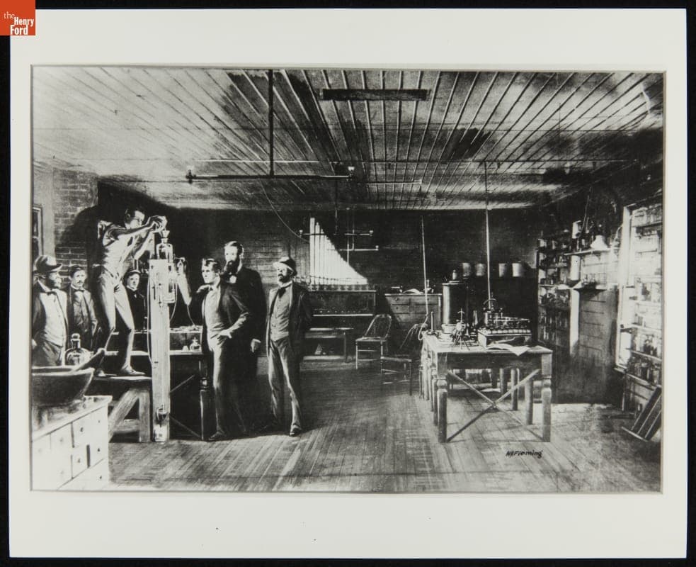 Illustration, Preparing the First Practical Incandescent Lamp for Testing at Edison's Menlo Park Laboratory, October 19, 1879