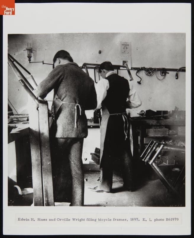 Edwin H. Sines and Orville Wright Filing Bicycle Frames at Wright Cycle Shop, Dayton, Ohio, 1897