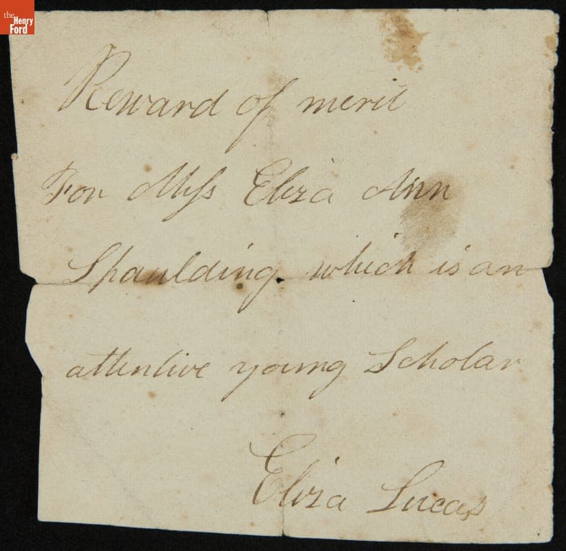 School Reward of Merit Given to Eliza Ann Spalding by Her Teacher Eliza Lucas, circa 1832