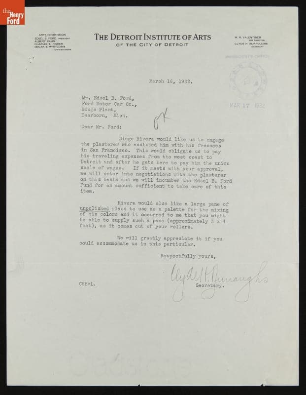 Letter from Clyde Burroughs to Edsel Ford regarding Engagement of Assistant Plasterer, 16 March 1932