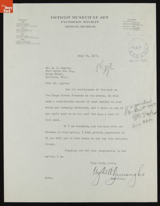 Letter from Clyde Burroughs to A. J. Lepine (for Edsel Ford) Requesting Additional Sand For Rivera Frescos, July 25, 1932