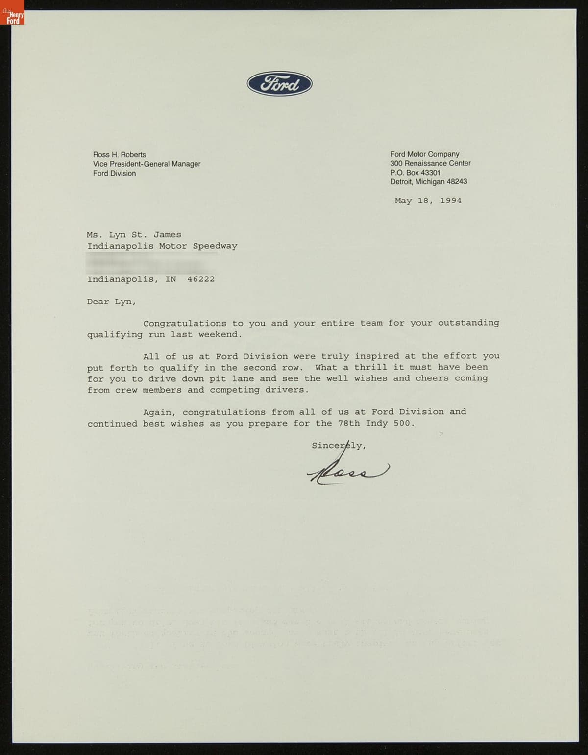 Congratulatory Letter to Lyn St. James from Ross H. Roberts of Ford Motor Company, May 18, 1994