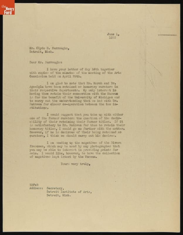 Letter from Edsel Ford to Clyde Burroughs, June 1, 1933