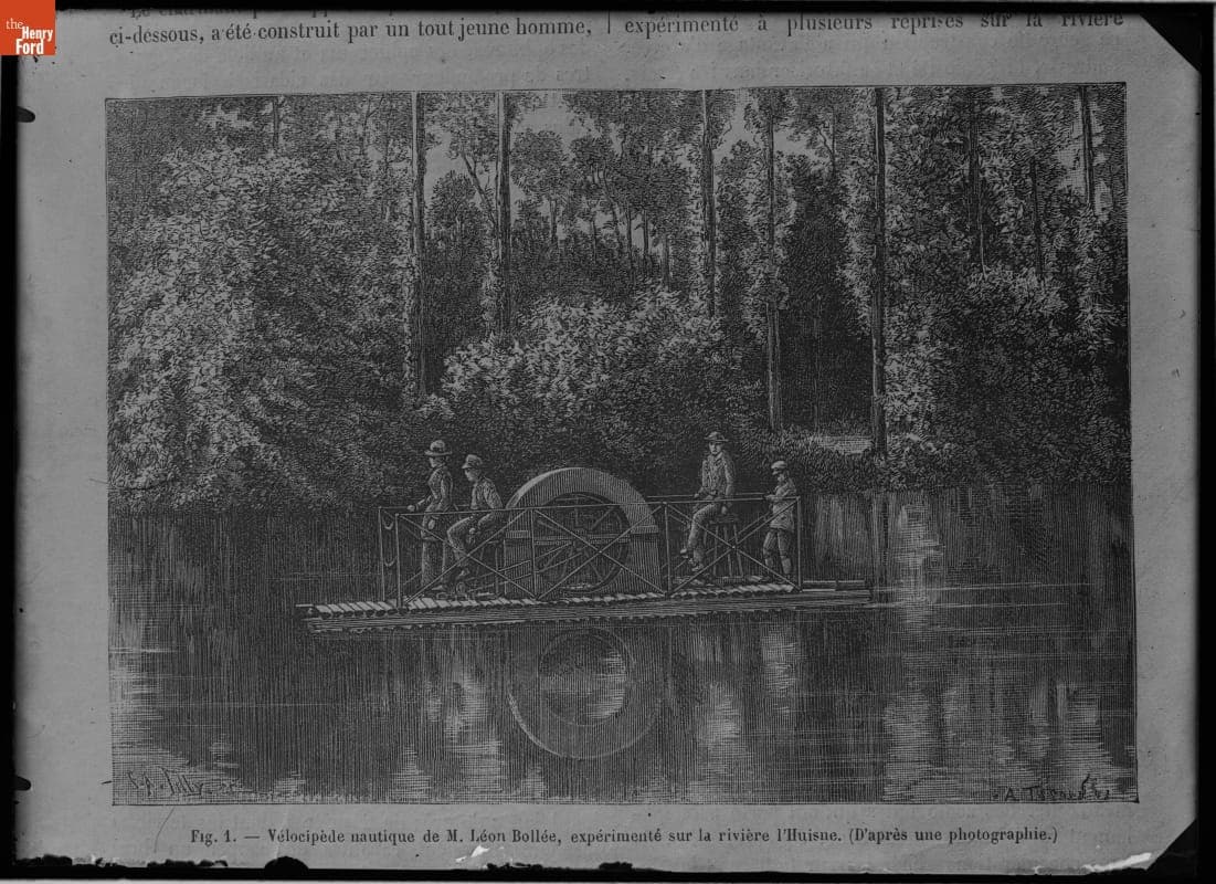 Illustration of Men on an Aquatic Velocipede on the Huisne River, France, circa 1900
