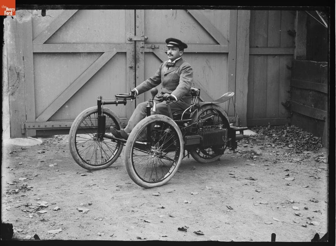 Man Driving a Bollee Three-Wheeled Automobile, 1900-1910