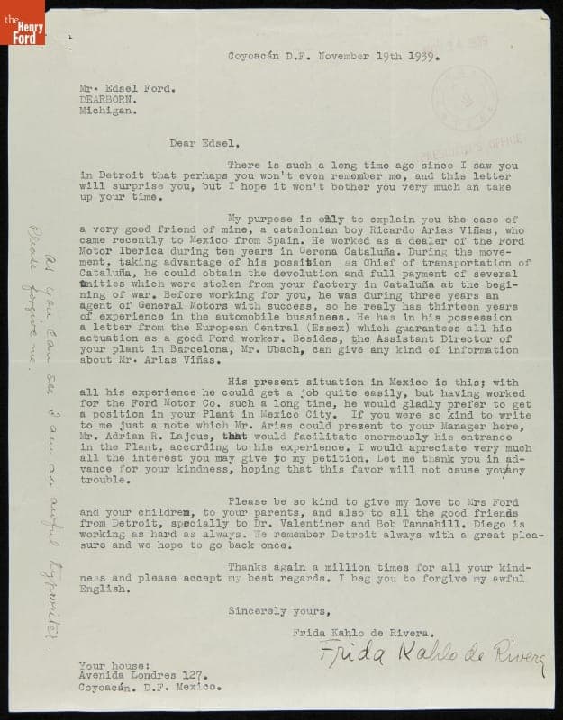 Letter from Frida Kahlo to Edsel Ford regarding Ricardo Arias Vinas, November 19, 1939