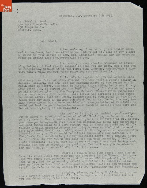 Letter from Frida Kahlo to Edsel Ford regarding Ricardo Arias Vinas, December 6, 1939