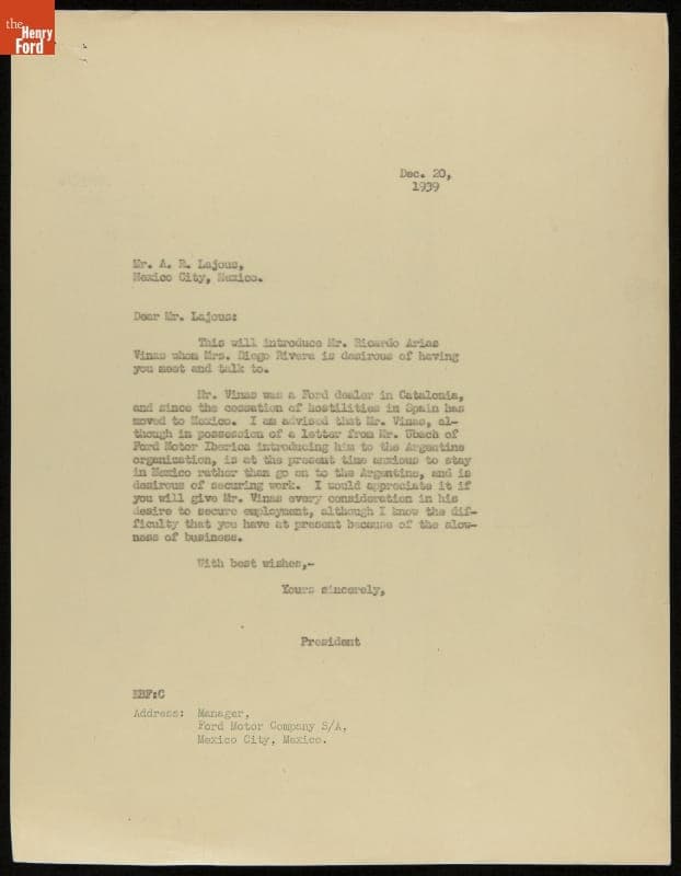 Letter from Edsel Ford to A. R. Lajous regarding Ricardo Arias Vinas, December 20, 1939