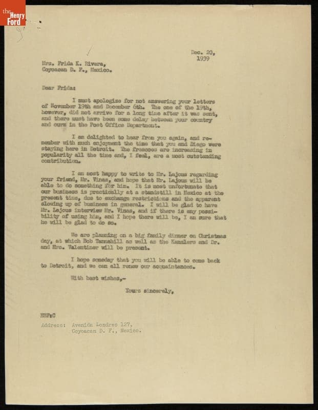 Letter from Edsel Ford to Frida Kahlo regarding Ricardo Arias Vinas, December 20, 1939